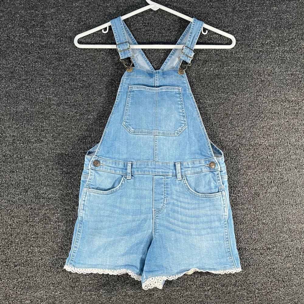 OshKosh B'gosh Shortalls Girls 8 Blue Good Lace Trim Denim Overalls